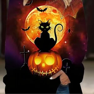 🎃 Halloween Cat Print Crew Neck T-Shirt